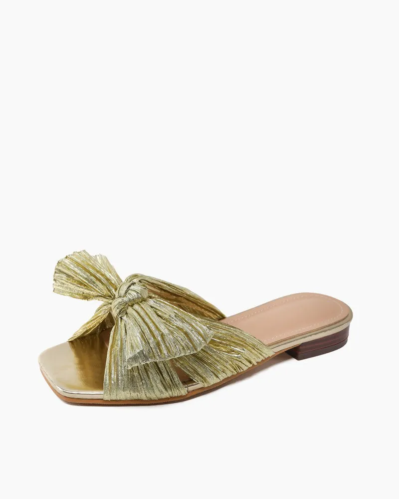 Pleated Bow Open Toe Comfort Slip on Slide Flat Sandals