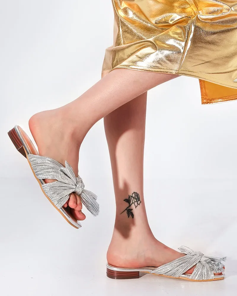 Pleated Bow Open Toe Comfort Slip on Slide Flat Sandals