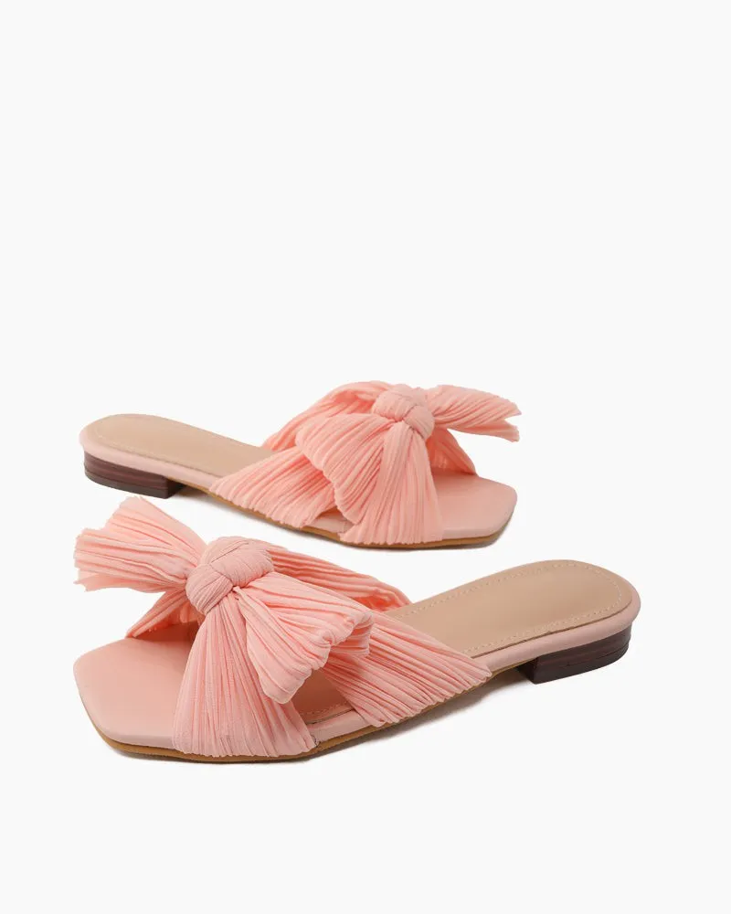 Pleated Bow Open Toe Comfort Slip on Slide Flat Sandals