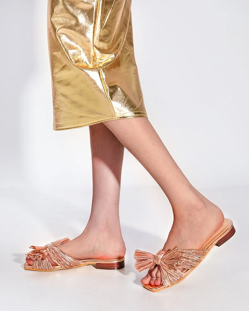 Pleated Bow Open Toe Comfort Slip on Slide Flat Sandals