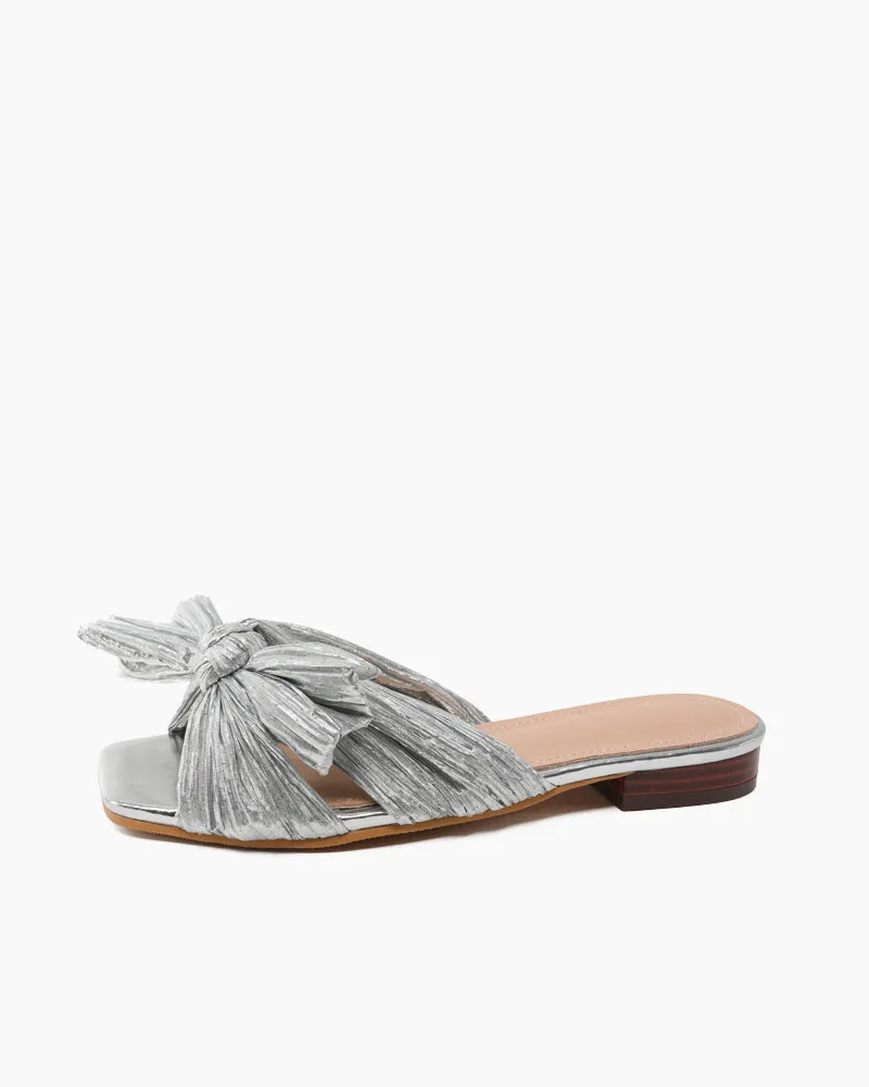 Pleated Bow Open Toe Comfort Slip on Slide Flat Sandals