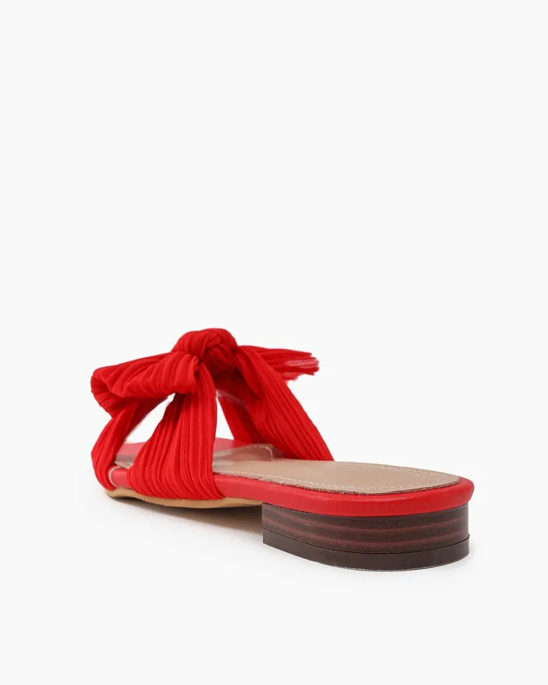 Pleated Bow Open Toe Comfort Slip on Slide Flat Sandals