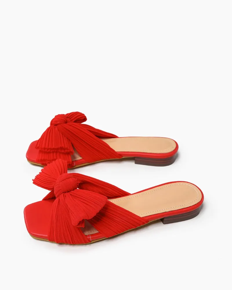 Pleated Bow Open Toe Comfort Slip on Slide Flat Sandals