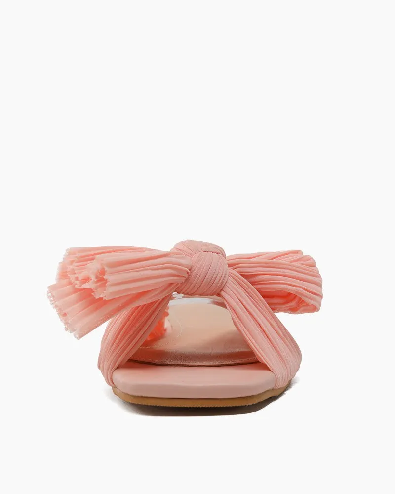 Pleated Bow Open Toe Comfort Slip on Slide Flat Sandals