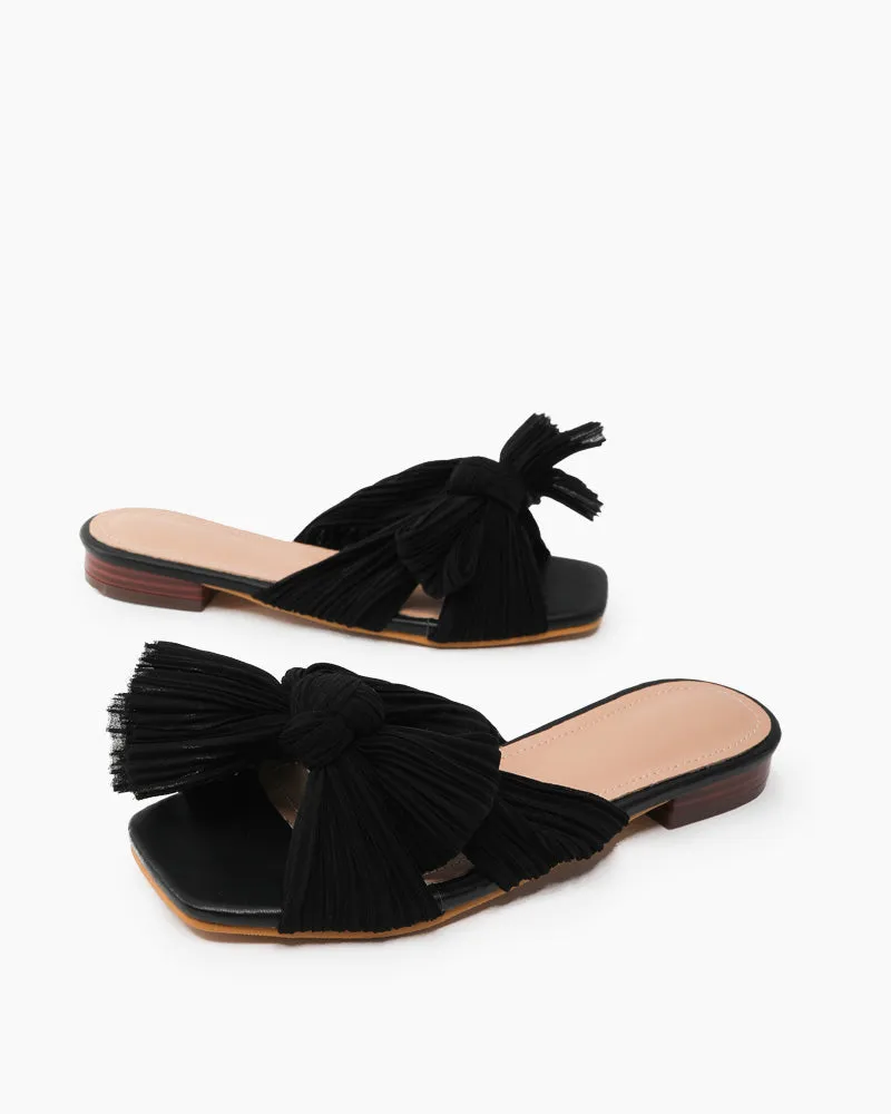 Pleated Bow Open Toe Comfort Slip on Slide Flat Sandals