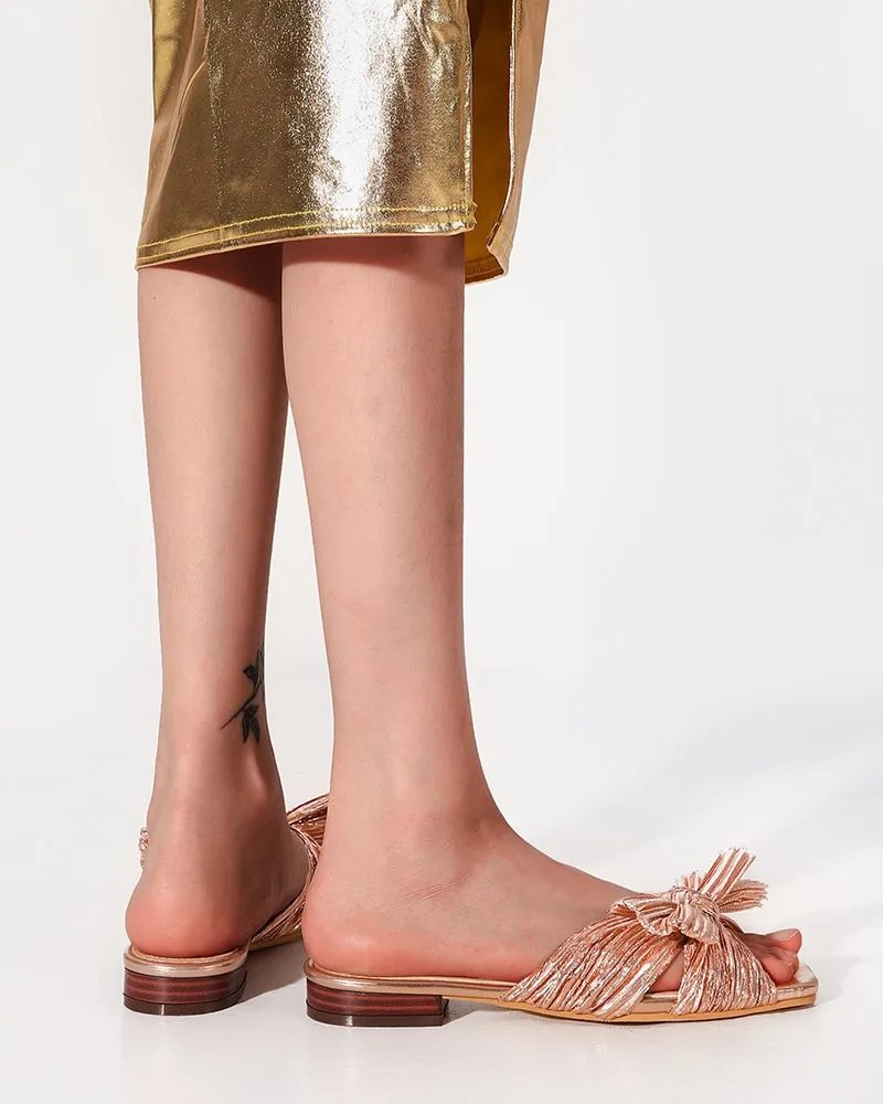 Pleated Bow Open Toe Comfort Slip on Slide Flat Sandals