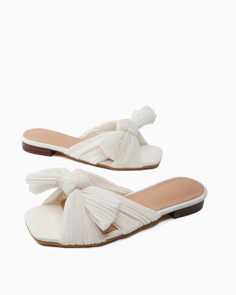 Pleated Bow Open Toe Comfort Slip on Slide Flat Sandals