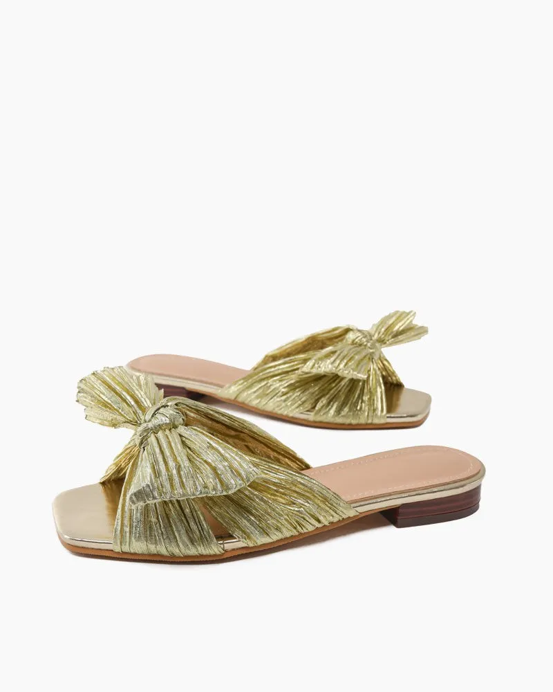 Pleated Bow Open Toe Comfort Slip on Slide Flat Sandals