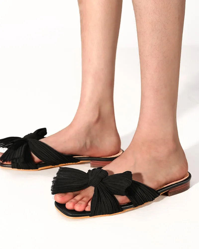 Pleated Bow Open Toe Comfort Slip on Slide Flat Sandals
