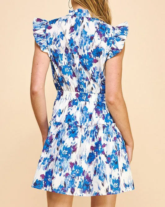 Pleated Ruffle Mini Dress - Blue