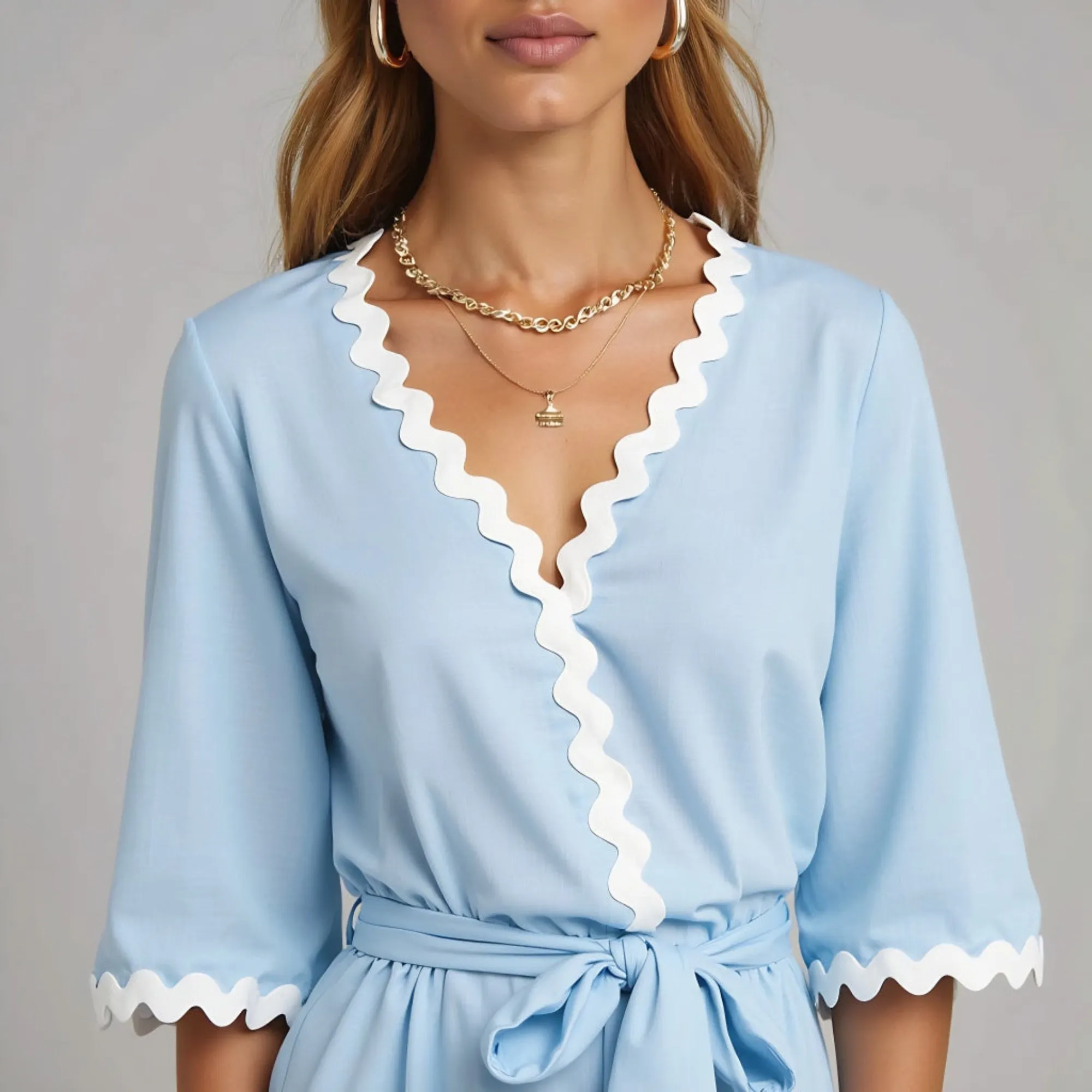 Scallop Trim V Neck Wrap Romper with Belt and 3/4 Sleeves