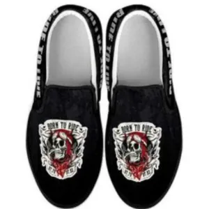 Skull Born to Ride, Ride to Live Slip-On Shoes for Him & Her, Canvas, Black