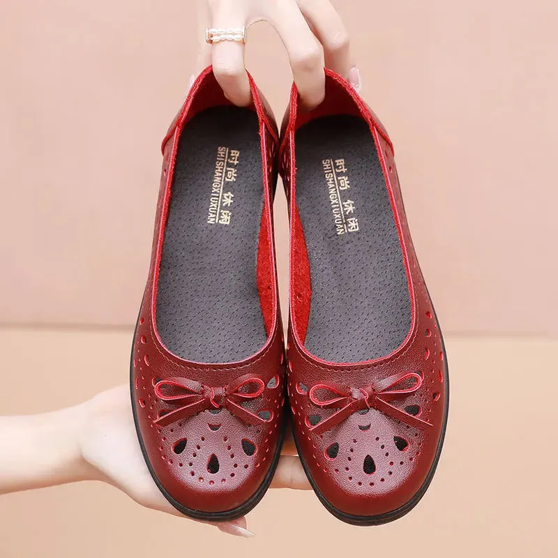 Spring/Summer Casual Shoes Soft Leather Sandals Female Flats Cut Out Slip On Footwear for Women