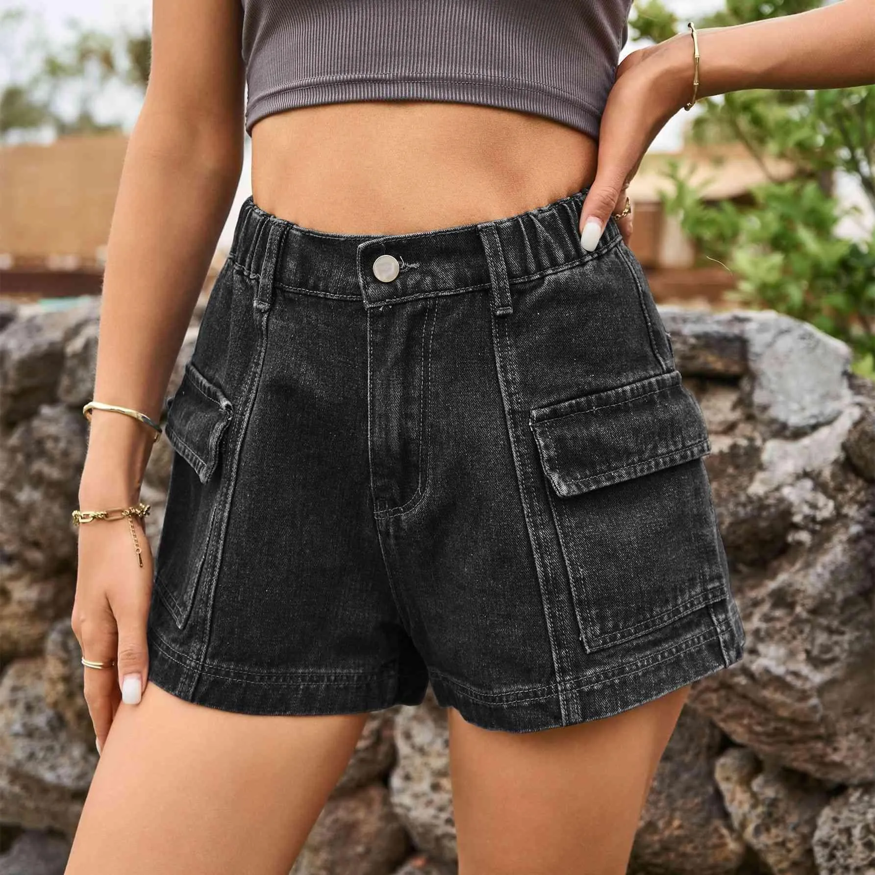 Street Chic High Waist Cargo Denim Shorts