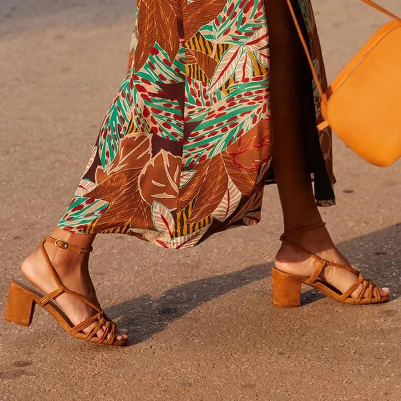 Summer Cutout Leather Low Chunky Heel Sandals