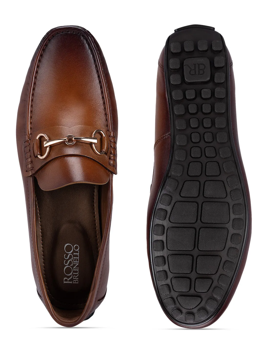 Tan Leather Moccasins With Metal Embllishment