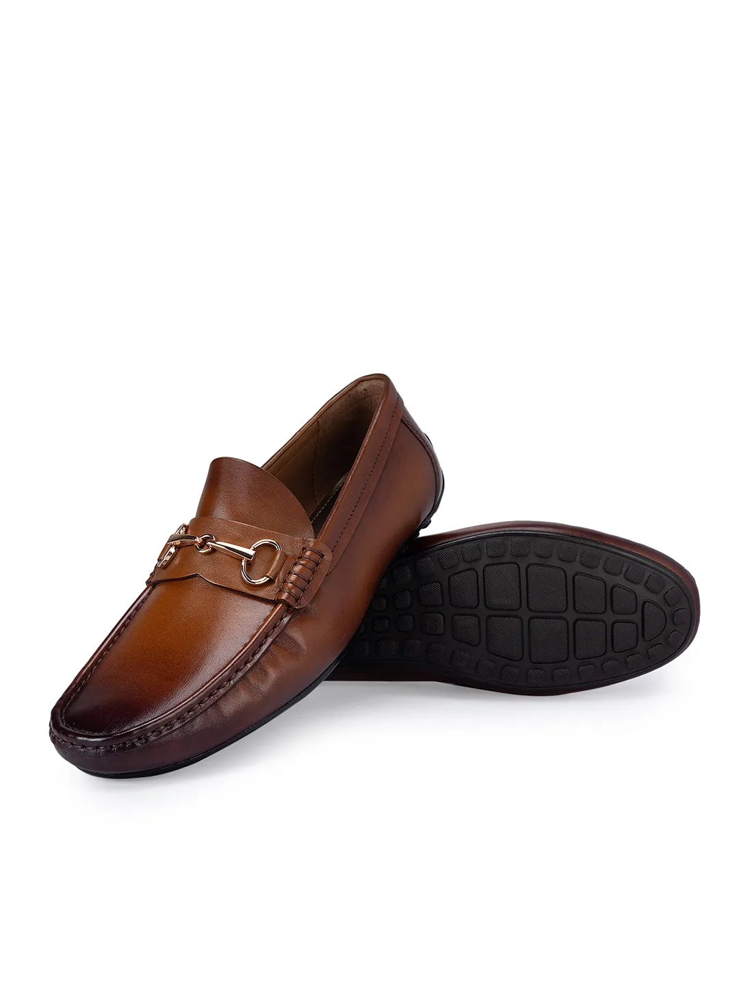 Tan Leather Moccasins With Metal Embllishment