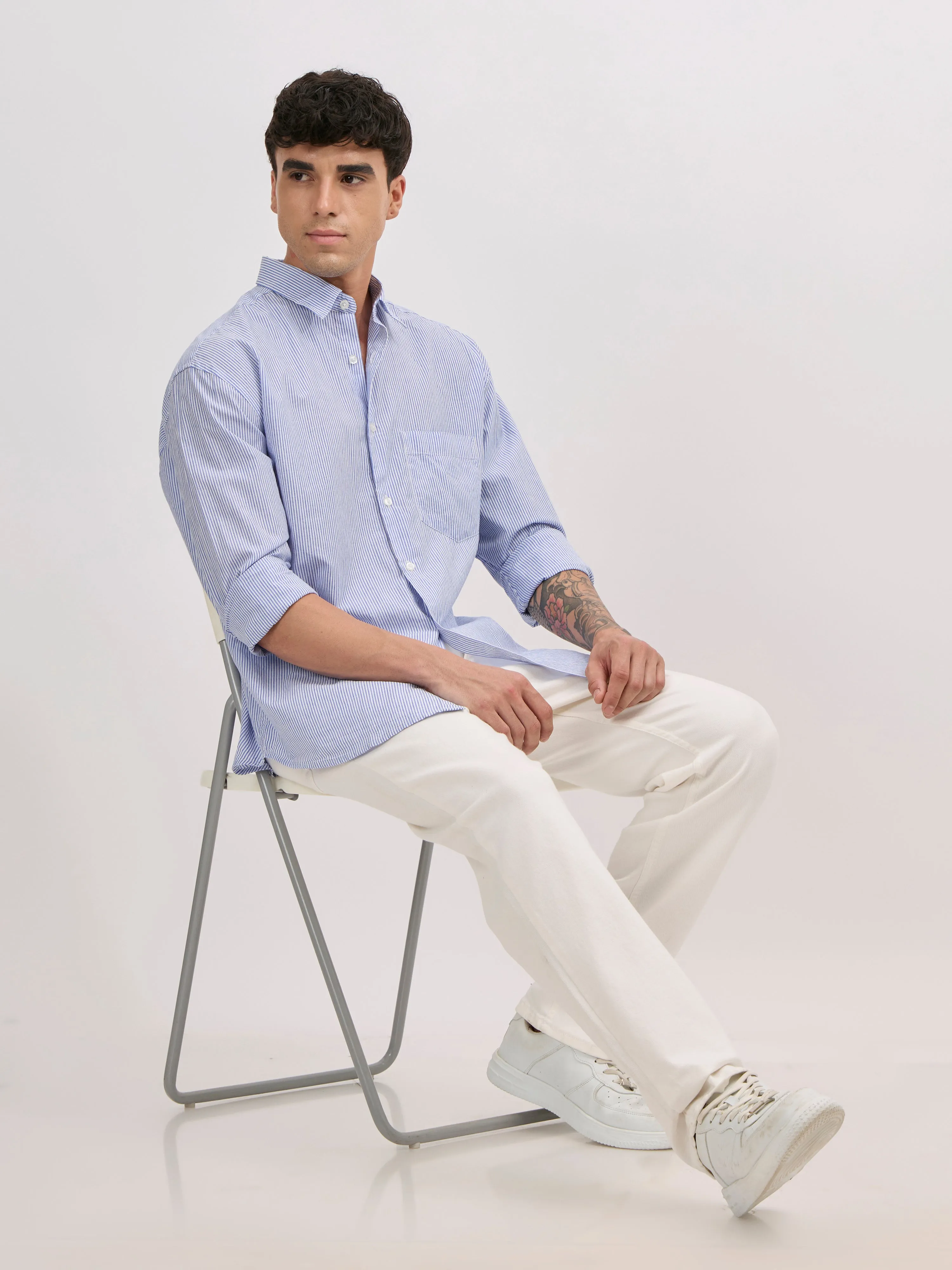 Veil - Cotton Oversized Striped shirt - Sky Blue