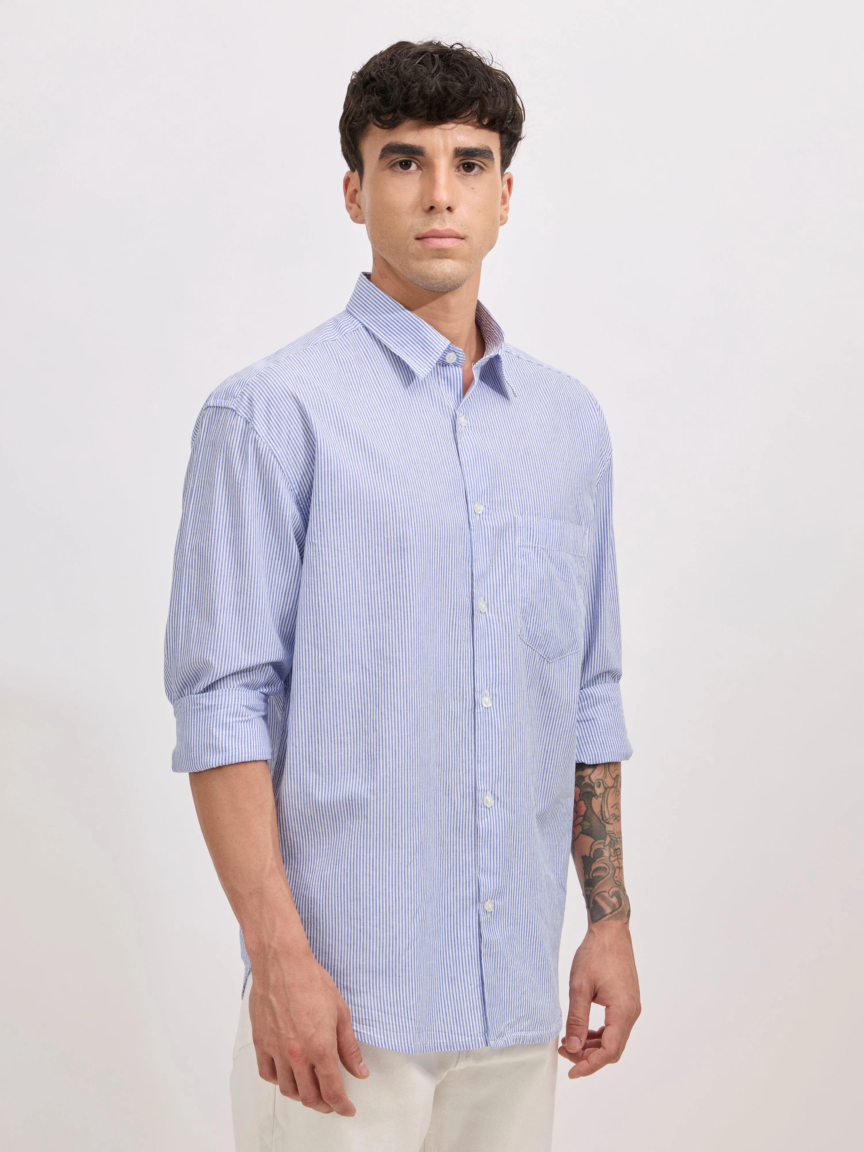 Veil - Cotton Oversized Striped shirt - Sky Blue