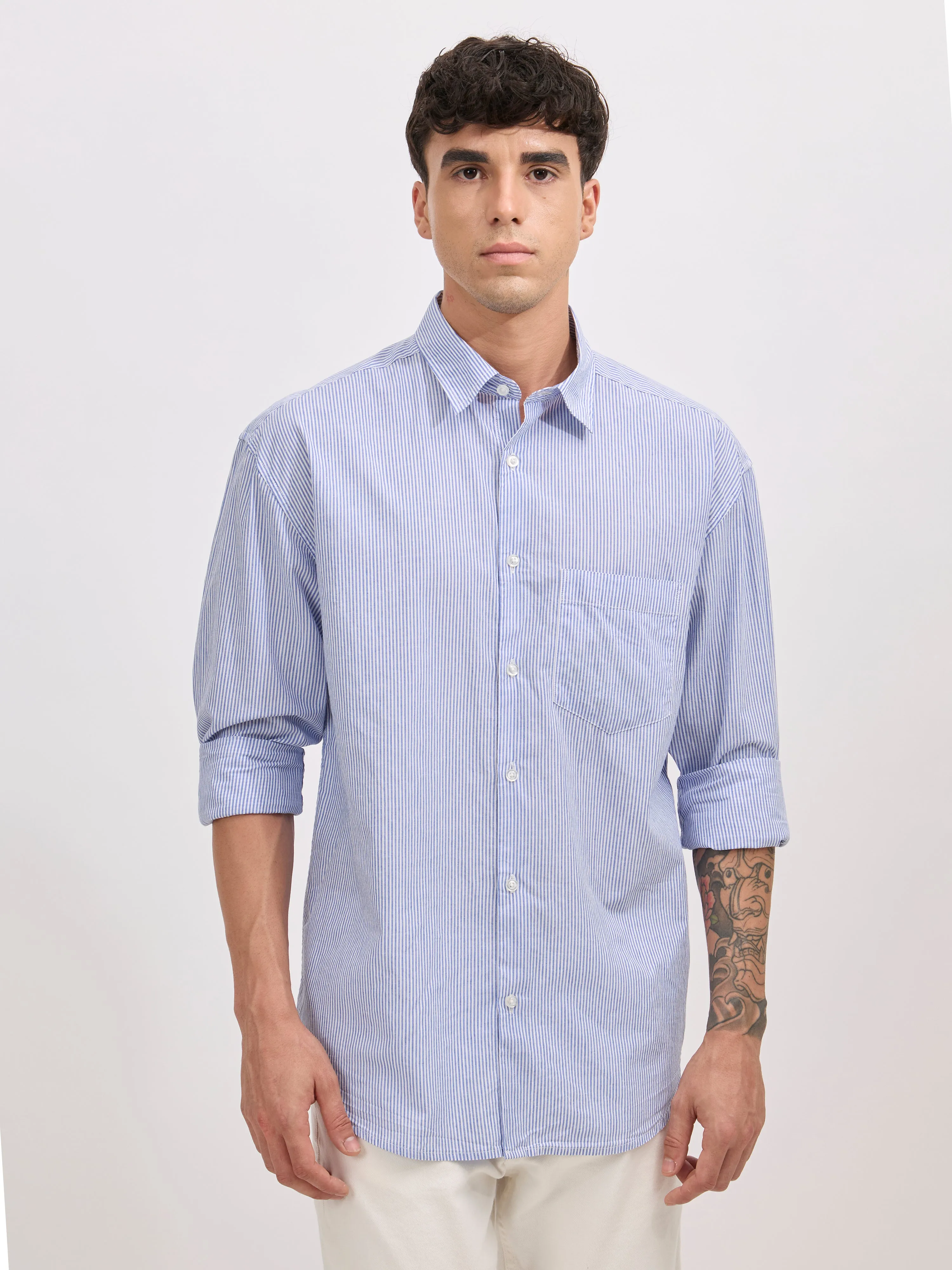 Veil - Cotton Oversized Striped shirt - Sky Blue
