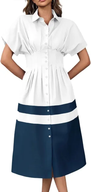 Wenrine Womens Summer Button Down Shirt Dress Casual Color Block V Neck Short Sleeve Corset Maxi Dresses