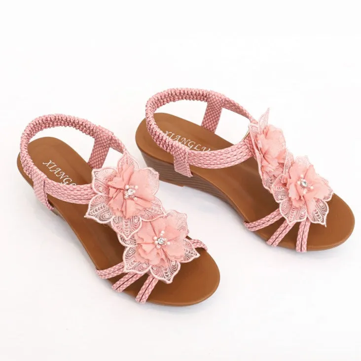 Women cute flowers peep toe slingback slip on wedge sandals