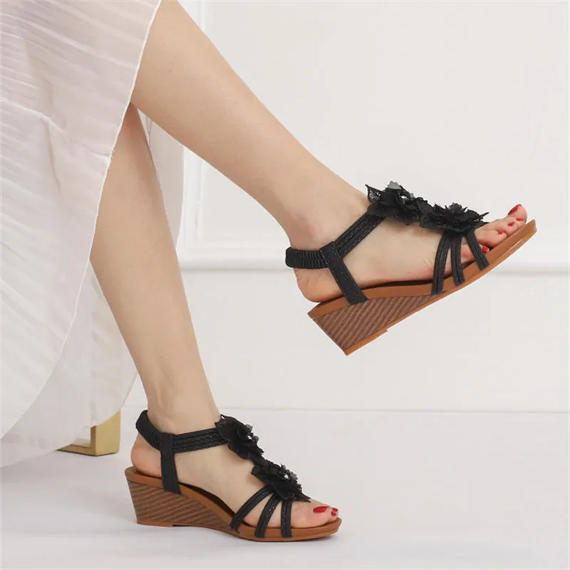 Women cute flowers peep toe slingback slip on wedge sandals