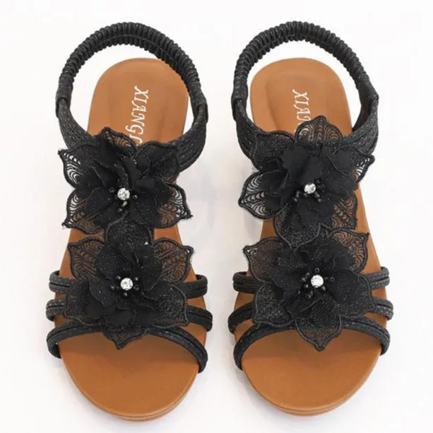 Women cute flowers peep toe slingback slip on wedge sandals