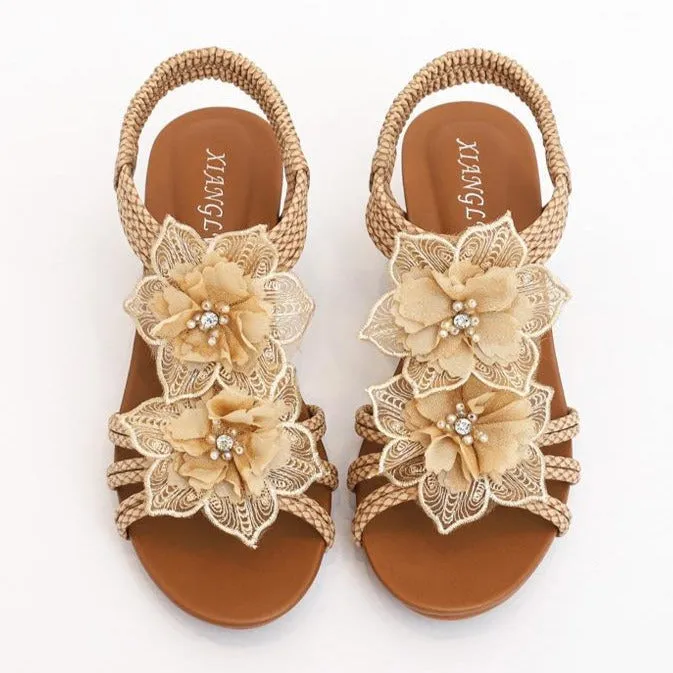 Women cute flowers peep toe slingback slip on wedge sandals