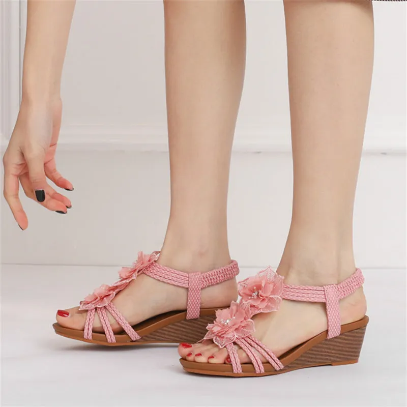 Women cute flowers peep toe slingback slip on wedge sandals