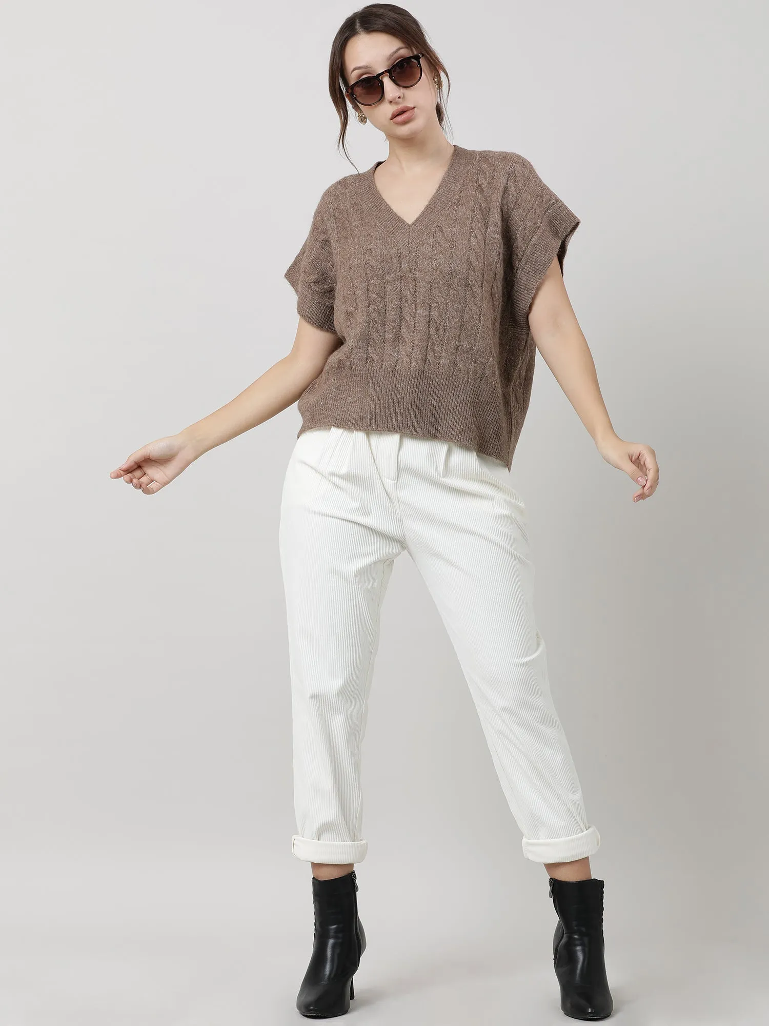 Women Relaxed Fit Knitted Brown Top