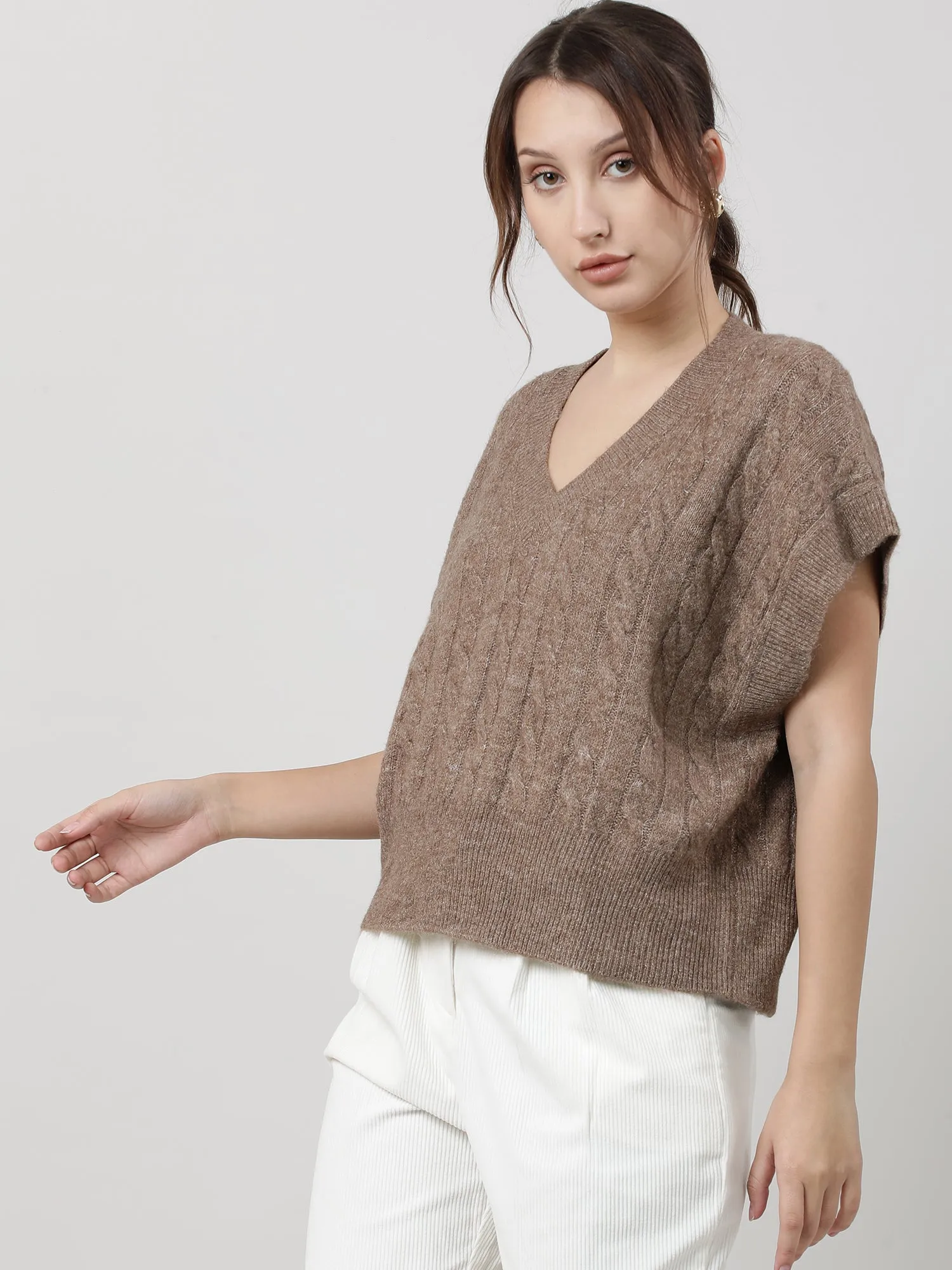 Women Relaxed Fit Knitted Brown Top