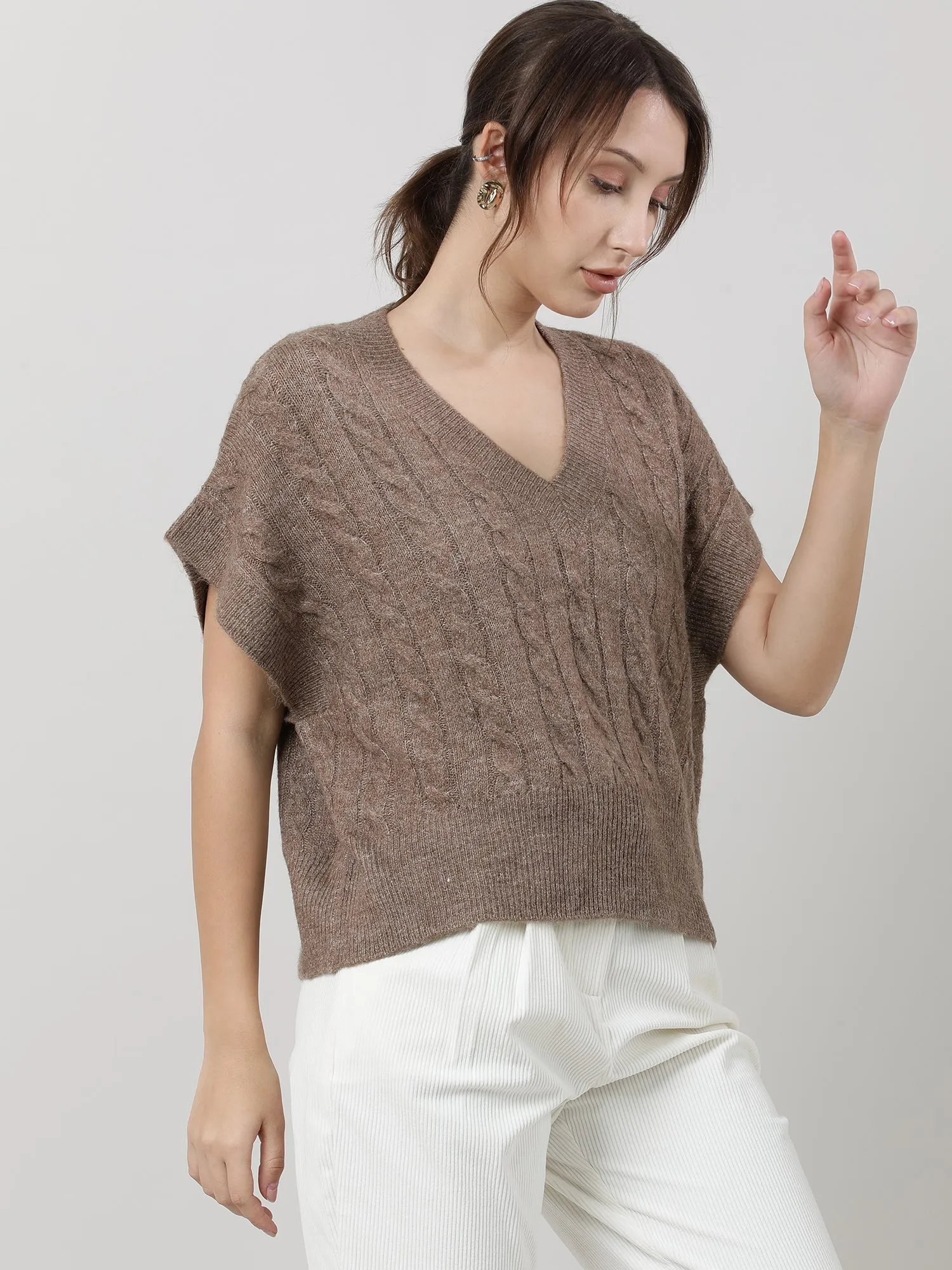 Women Relaxed Fit Knitted Brown Top