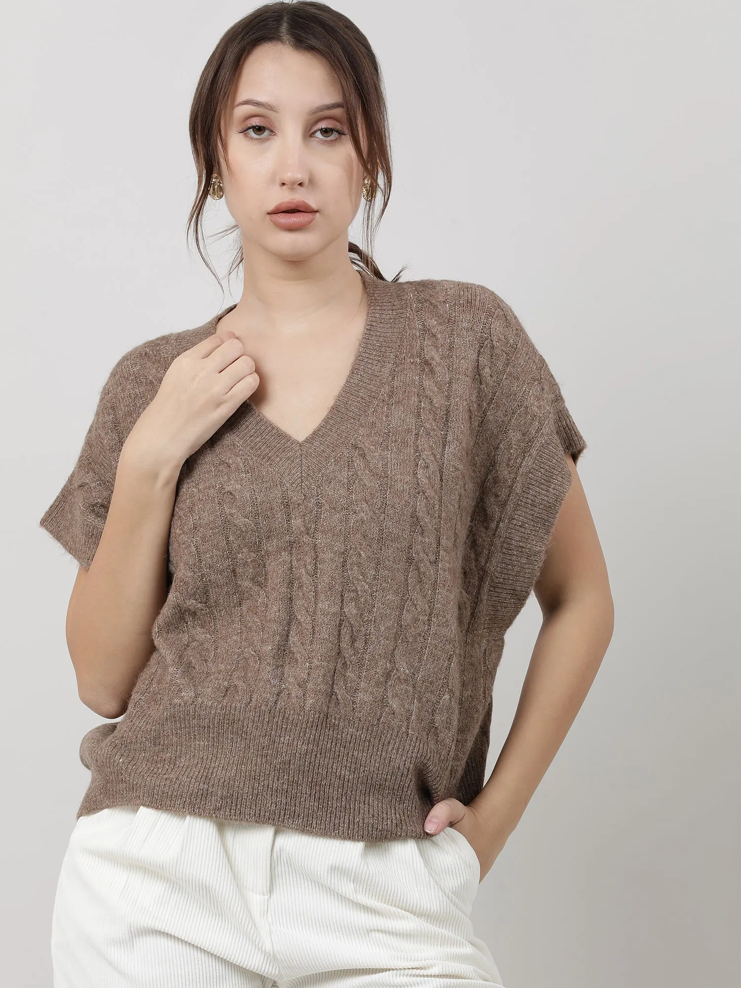 Women Relaxed Fit Knitted Brown Top