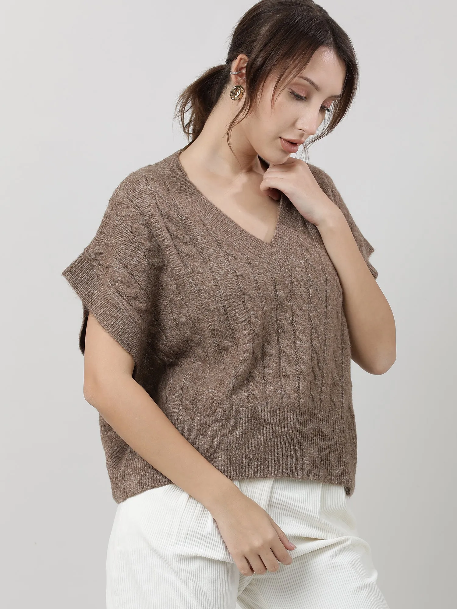 Women Relaxed Fit Knitted Brown Top