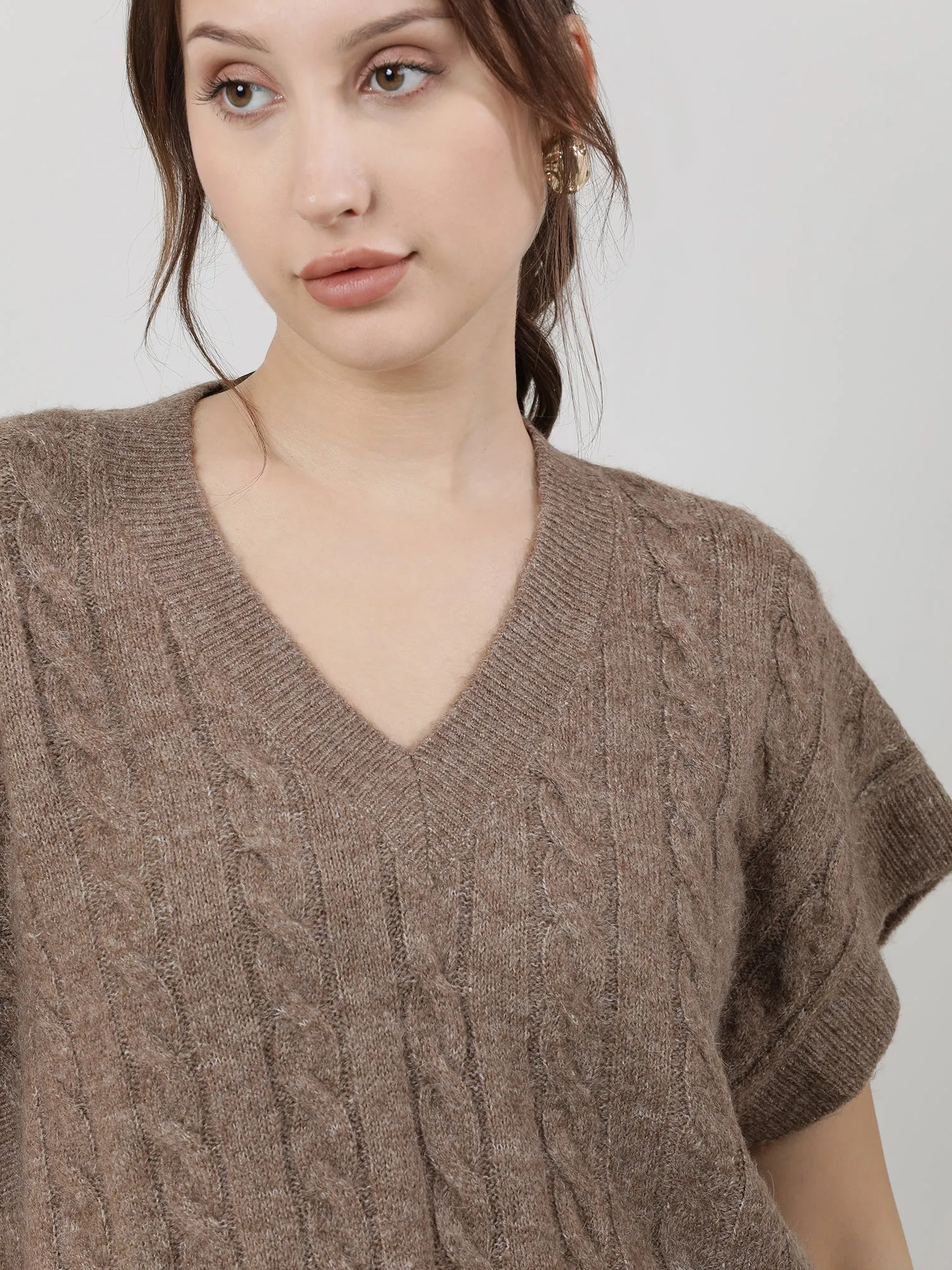 Women Relaxed Fit Knitted Brown Top