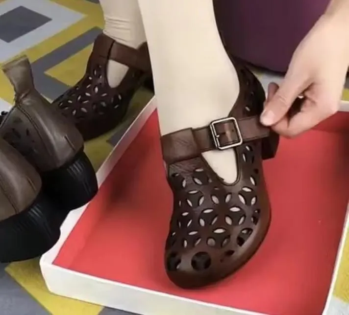Women Sandals Handmade Retro Women Shoes Square Toe Sandals Female Heels Sandals   S596310
