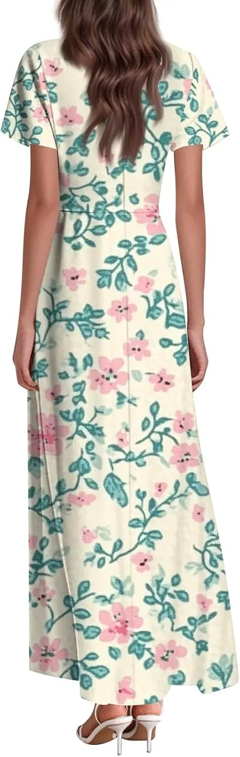 Women's 2025 Summer Maxi Dress Elegant Casual Floral Print Bohemian Dress Ruffle Sleeve V Neck Beach Swing Dresses