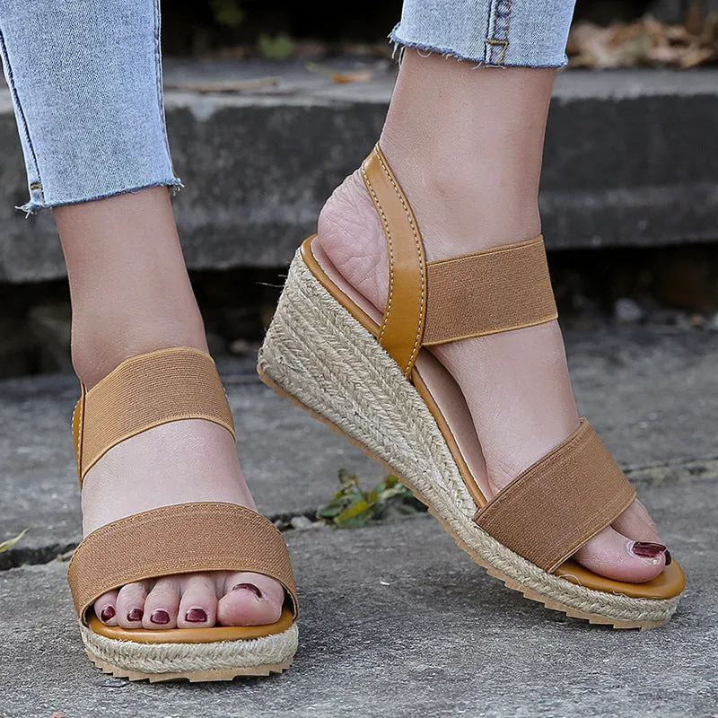 Womens Comfortable Elastic Two Bands Ankle Strap Wedge Sandals