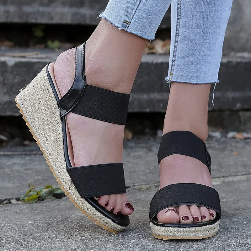 Womens Comfortable Elastic Two Bands Ankle Strap Wedge Sandals