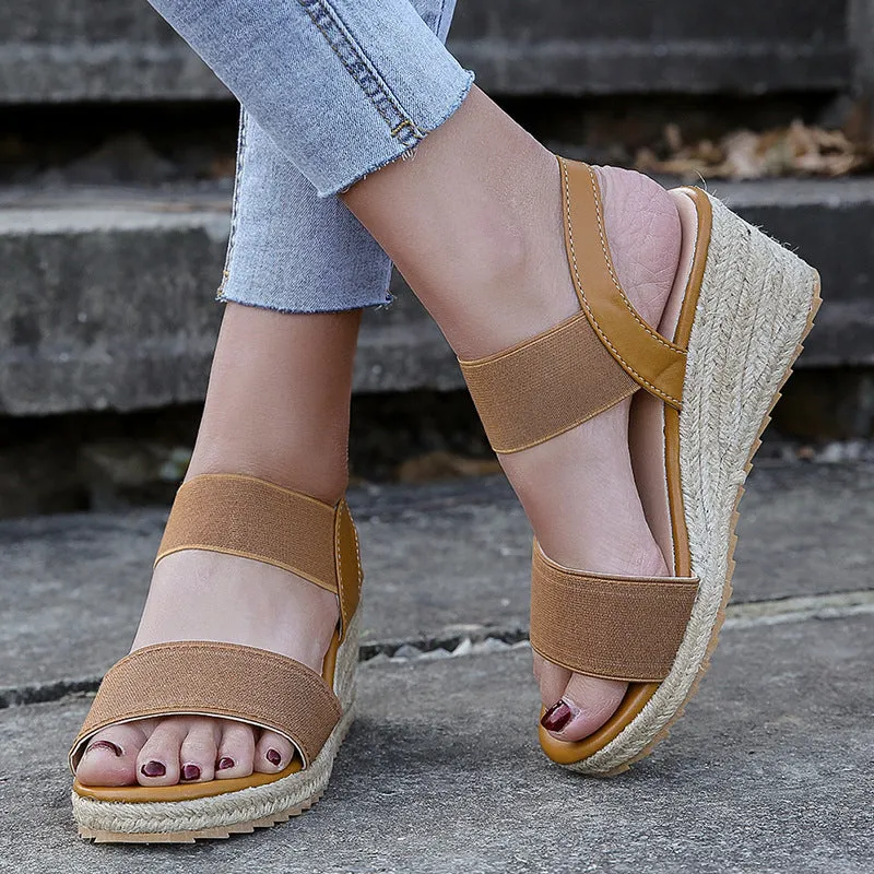 Womens Comfortable Elastic Two Bands Ankle Strap Wedge Sandals