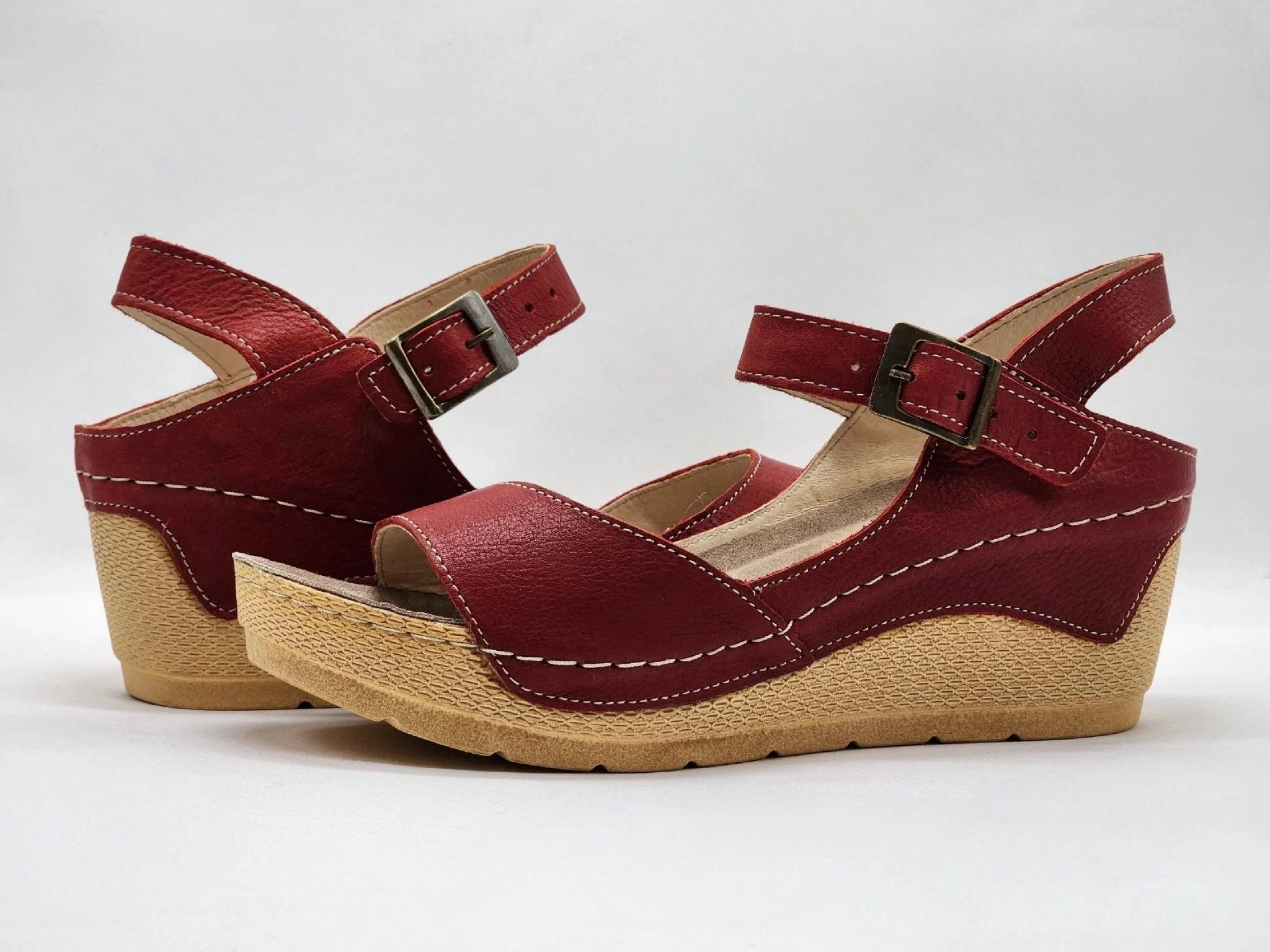 Women's Wedge Leather Sandals - Red